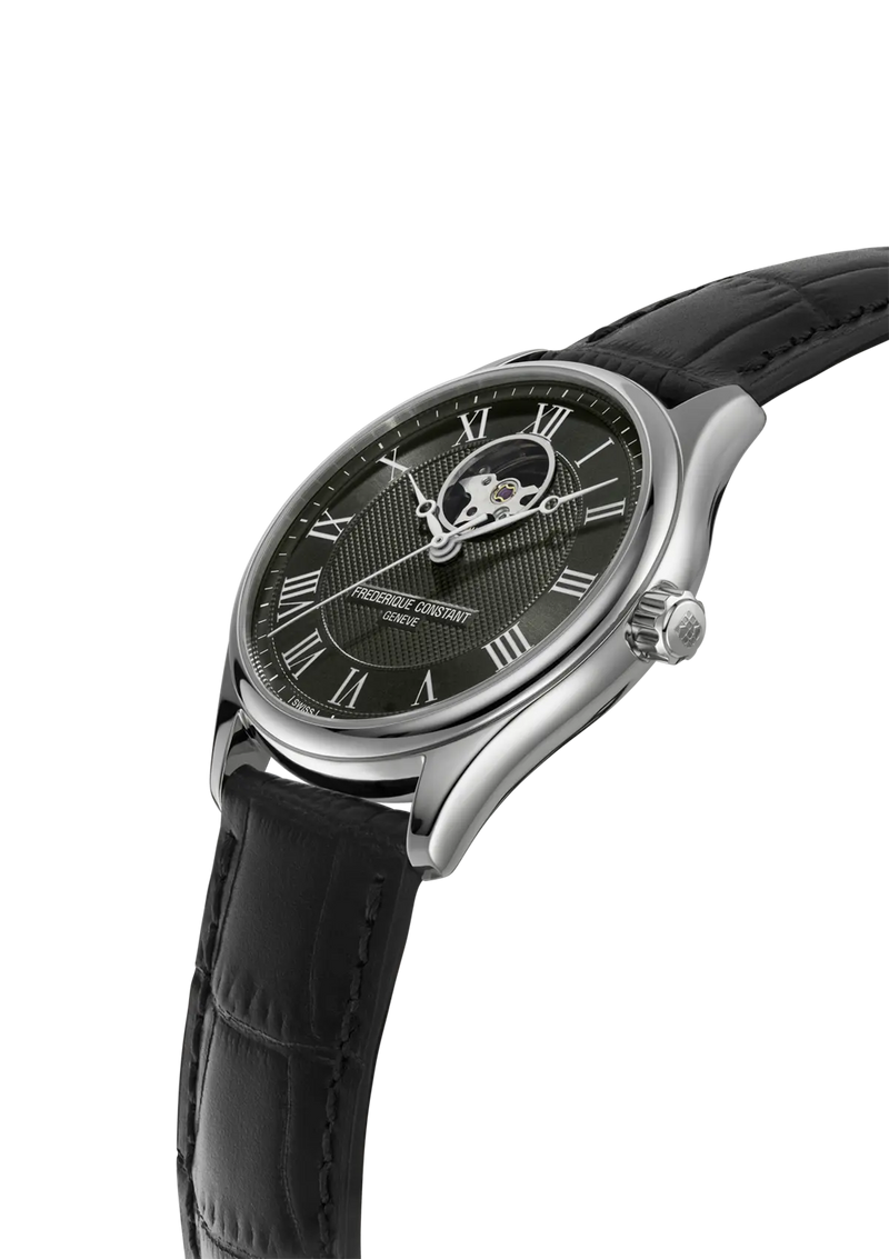 Elegant wristwatch with a black leather strap and exposed mechanical movement visible on the dial.