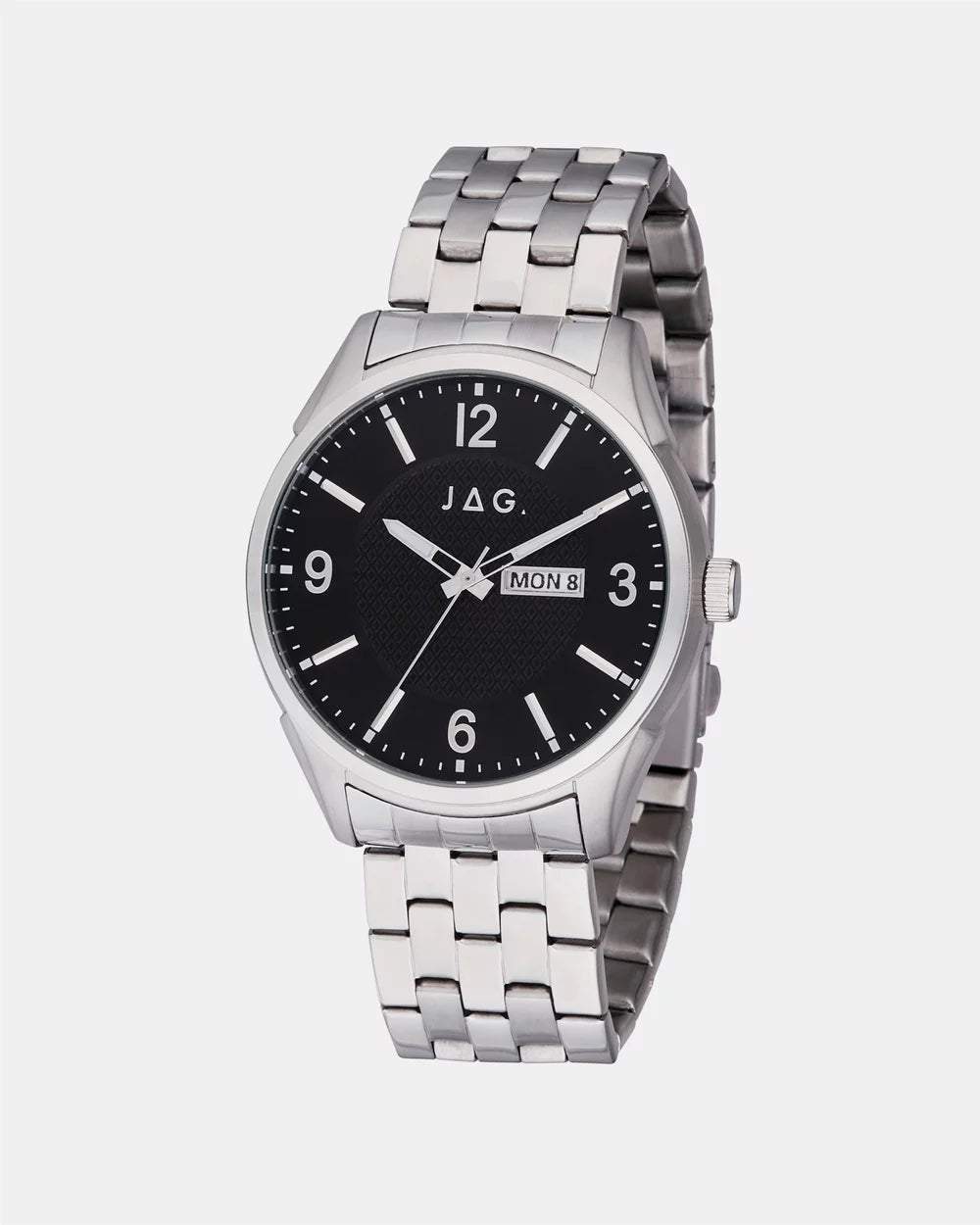 Silver wristwatch with a black dial and metal bracelet.