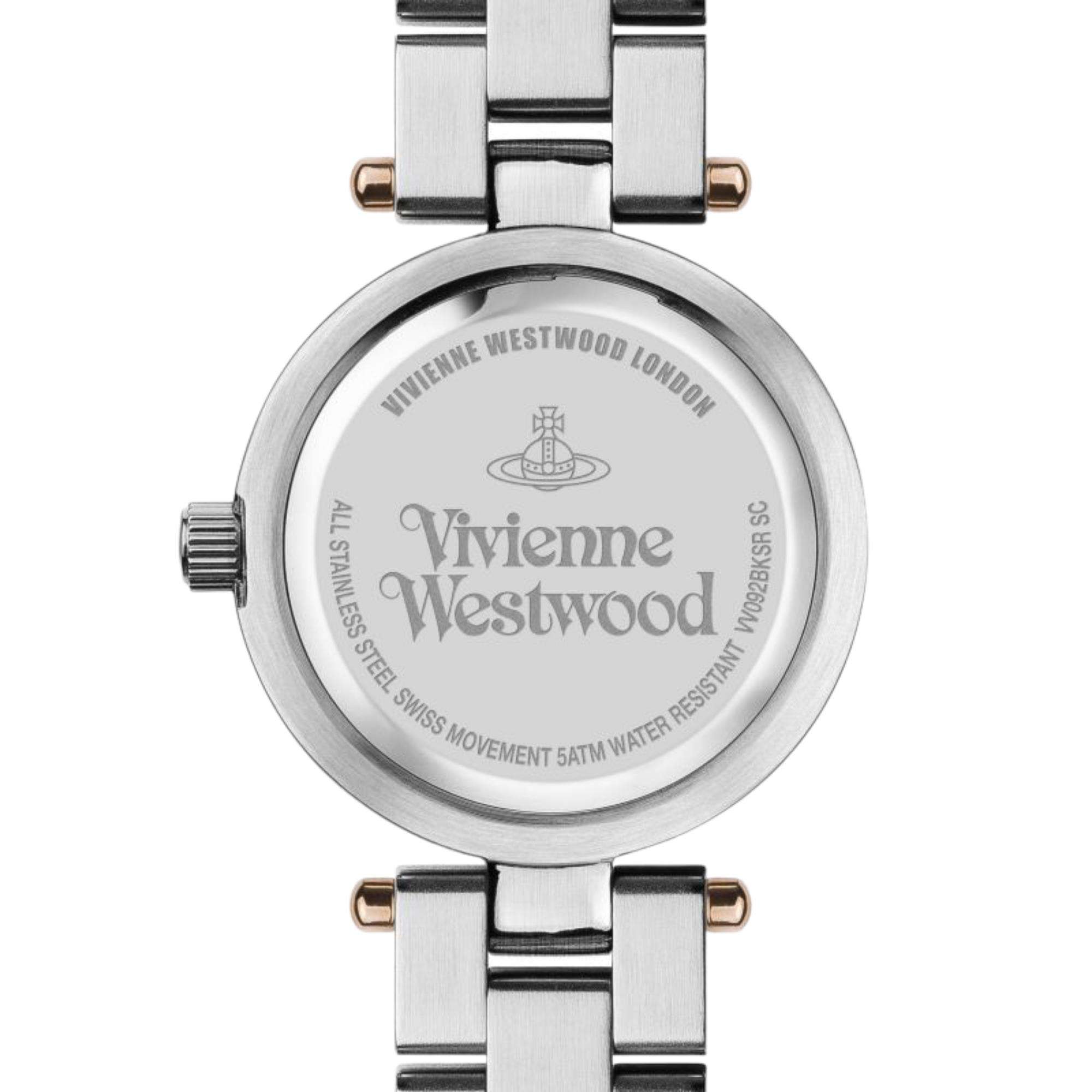 Vivienne Westwood Westbourne women's watch with a black dial and two tone stainless steel bracelet. Close-up detail view.