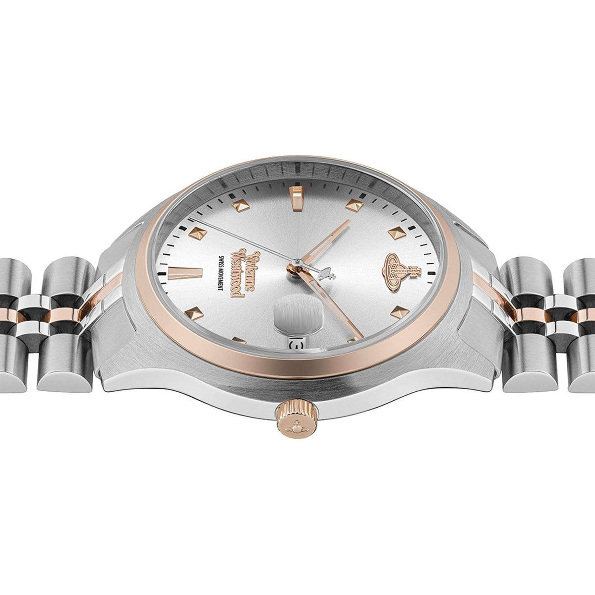 Vivienne Westwood Camberwell women's watch with a silver dial and two tone stainless steel bracelet. Shown at an angle.