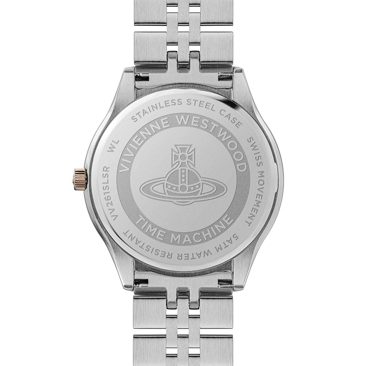 Vivienne Westwood Camberwell women's watch with a silver dial and two tone stainless steel bracelet. Clasp and case back detail.