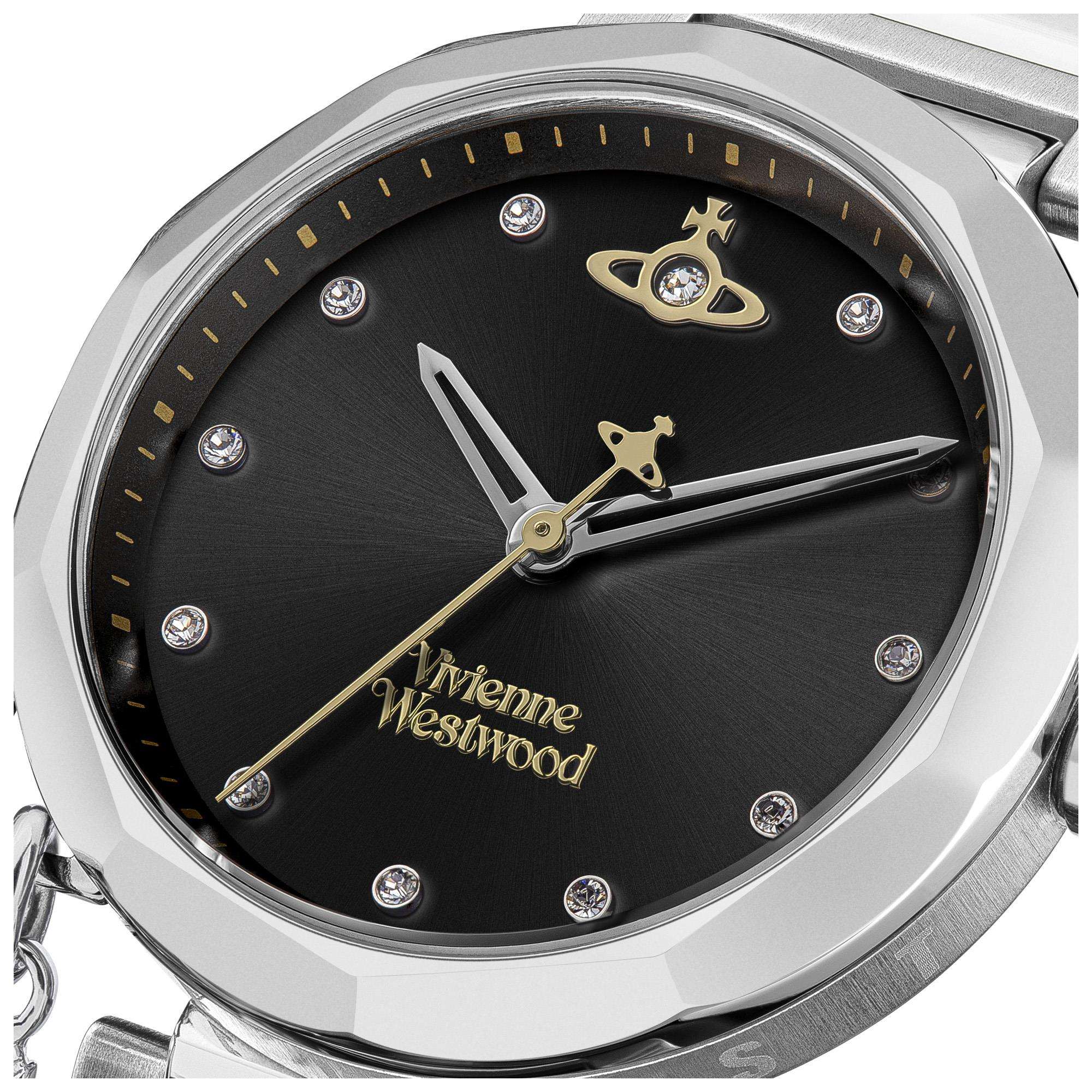 Vivienne Westwood Poplar women's watch with a black dial and silver stainless steel bracelet. Close-up detail view.
