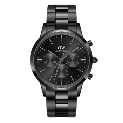 Black stainless steel chronograph wristwatch with a dark dial and multiple subdials.