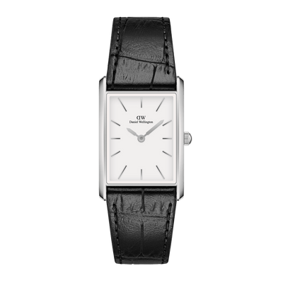 Rectangular silver wristwatch with a white face and black leather strap.