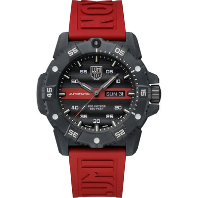 Rugged sports watch with a black face and red rubber strap.