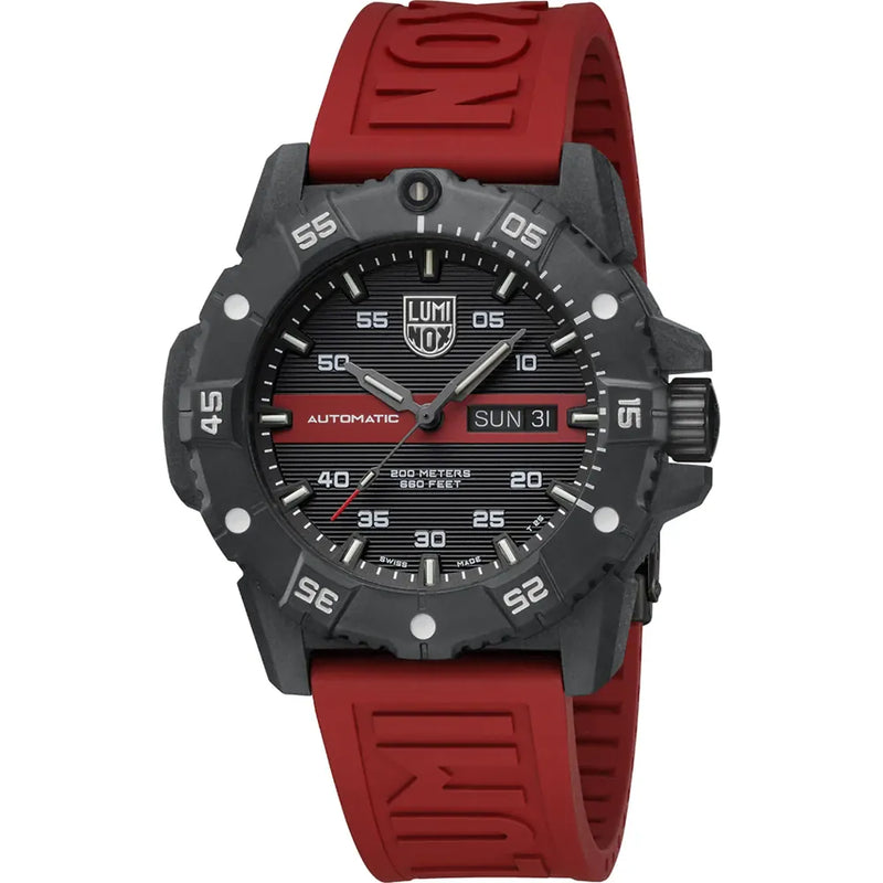 Rugged sports watch with a black face and red rubber strap.