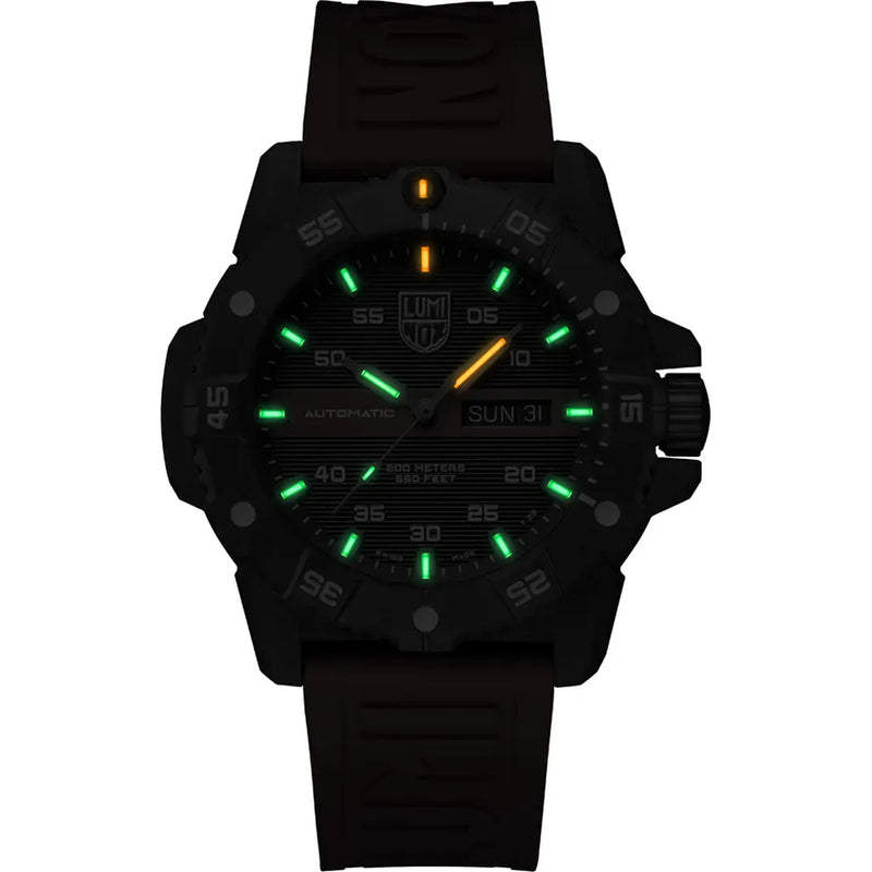 Black tactical wristwatch with luminous green and yellow markings on the dial.