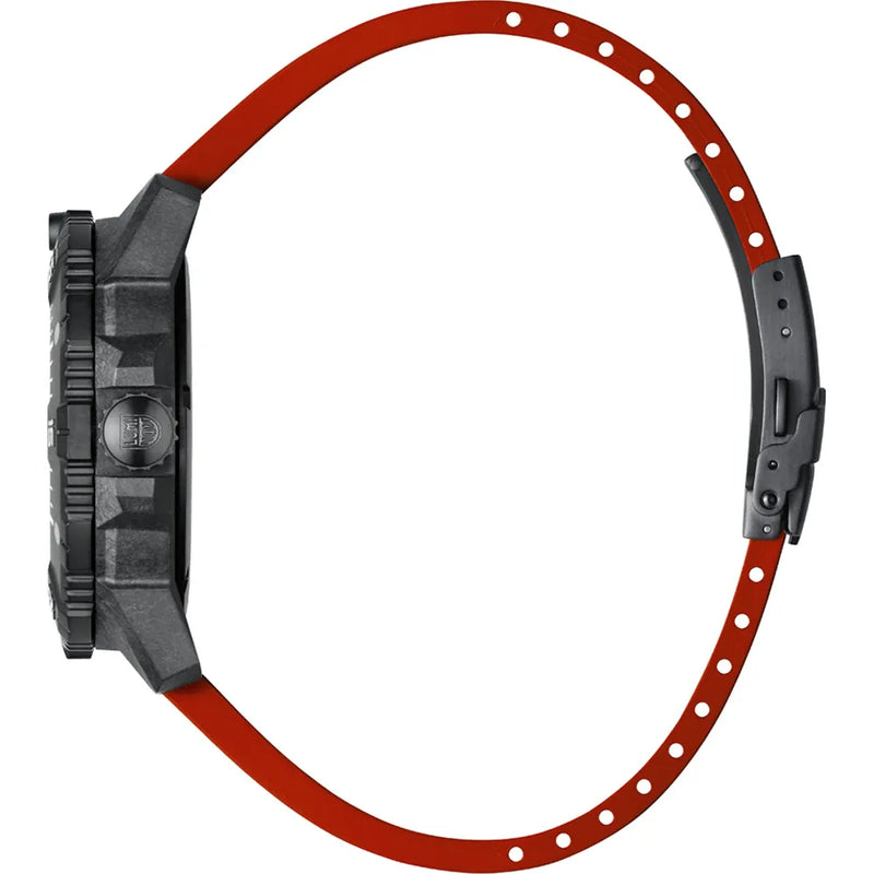 Wristwatch with a black face and red strap.