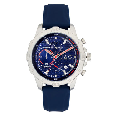 Stylish men’s wristwatch with a blue dial and navy strap.