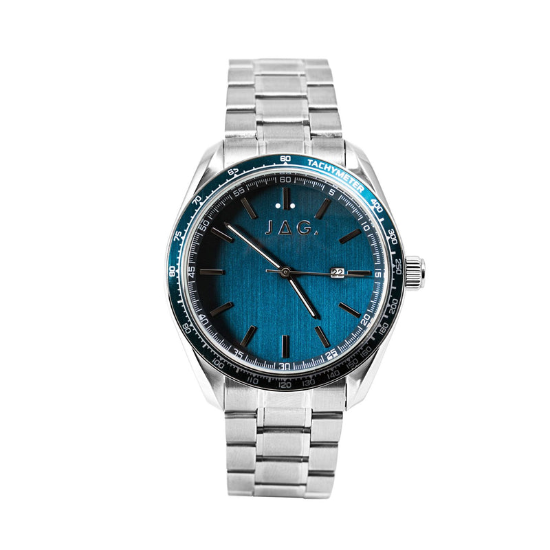 Stainless steel wristwatch with a blue dial and bezel.