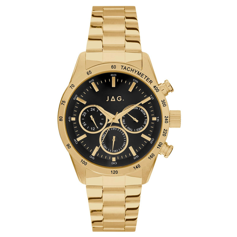 Gold-toned wristwatch with a black dial and three subdials.