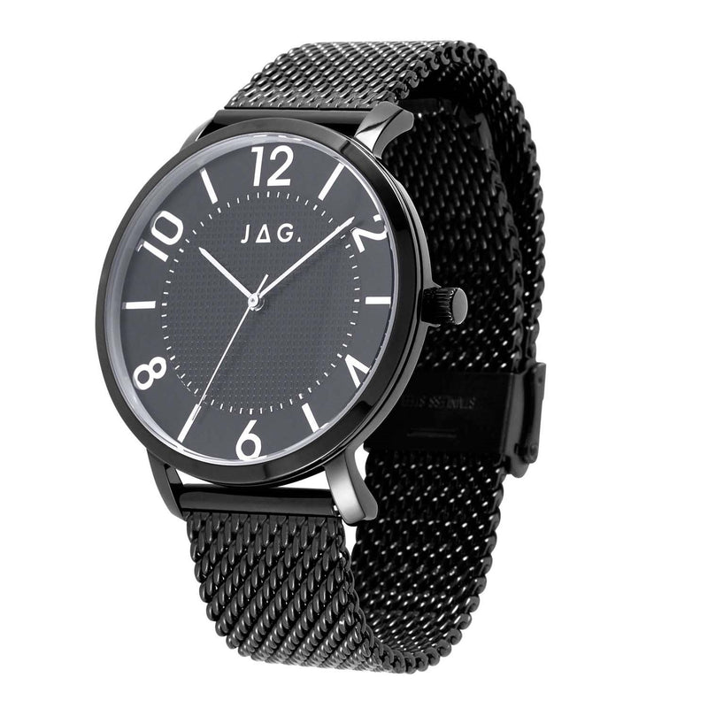 Black wristwatch with a mesh metal band and white numerical markers on the dial.