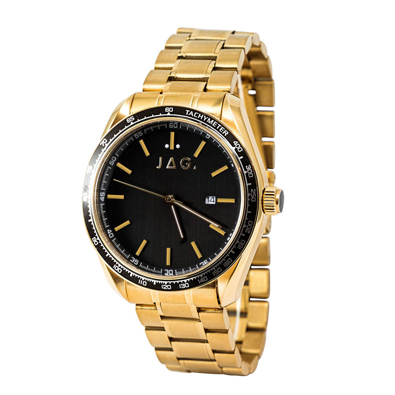 Gold-toned wristwatch with a black dial and metal link bracelet.