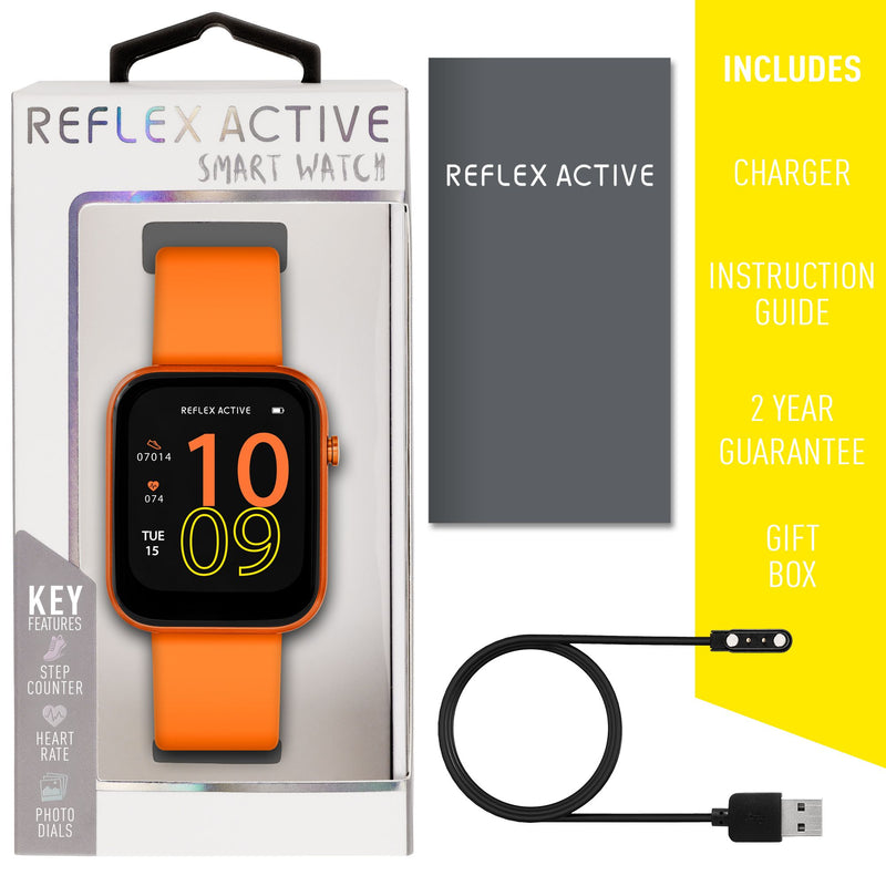 Orange smartwatch with a square display showing the time 10:09.