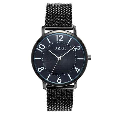 Sleek black wristwatch with a mesh metal band and white numerical markers on the dial.