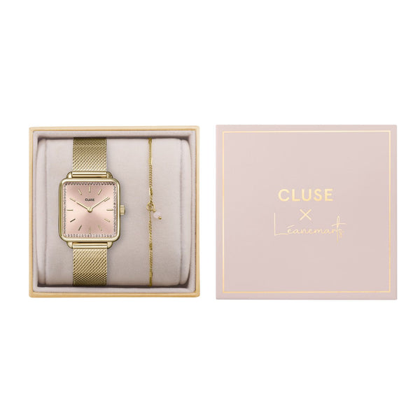 CLUSE La Tetragone Light Rose Gold Mesh Watch + Chain Bracelet Gift Set CG10322