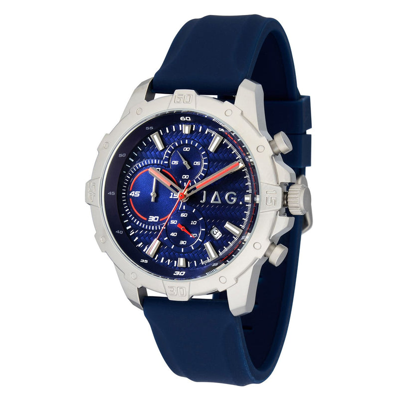 Stylish men’s wristwatch with a navy blue face and strap.