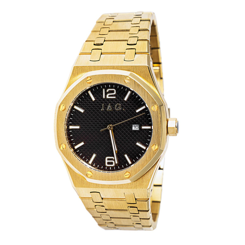 Gold-toned wristwatch with a black dial and date display.