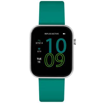 Smartwatch with a teal band and digital display showing the time 10:09.