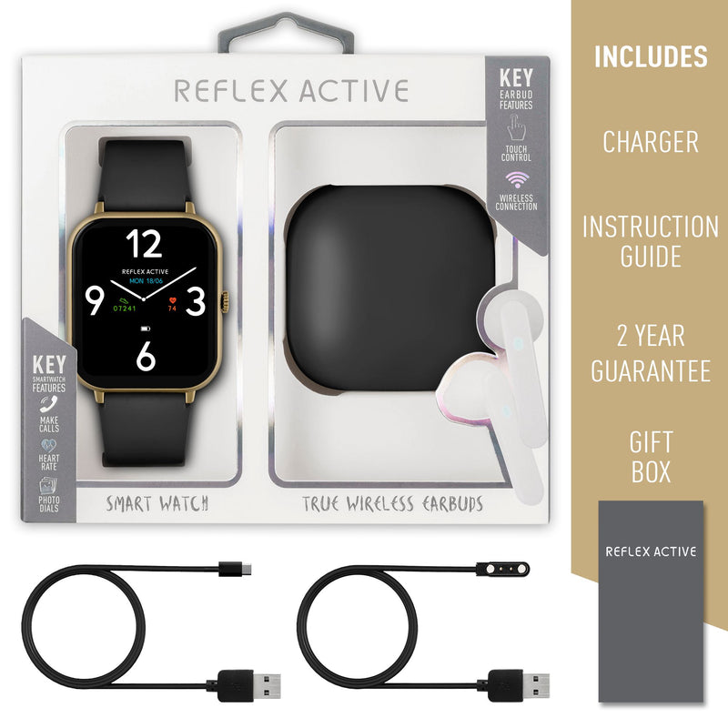 Smart watch with a black band and square display, accompanied by wireless earbuds and charging cables.