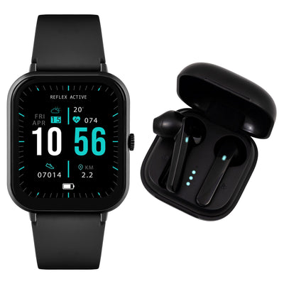 Black smartwatch with a square display showing time and health metrics, accompanied by wireless earbuds in a charging case.