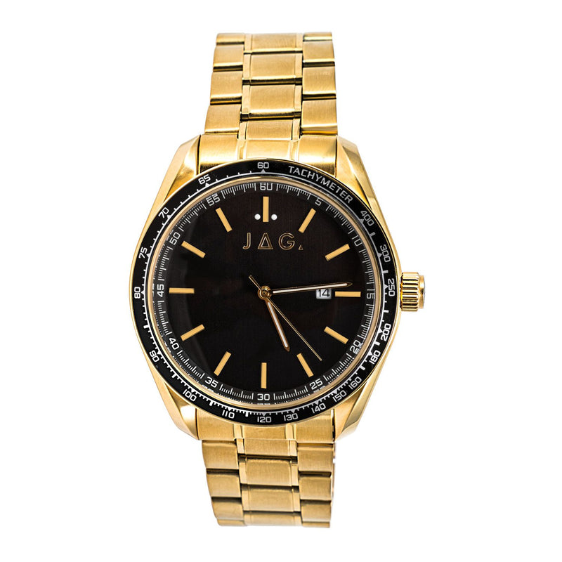 Gold-toned wristwatch with a black dial and metal bracelet.