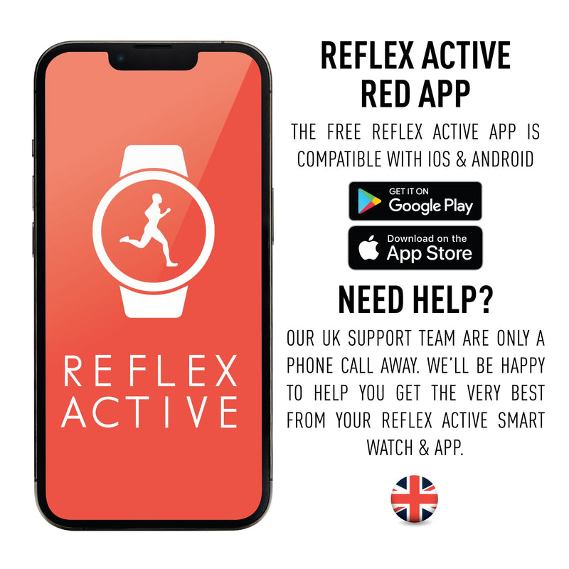 Smartphone displaying the Reflex Active app interface with a smartwatch icon.