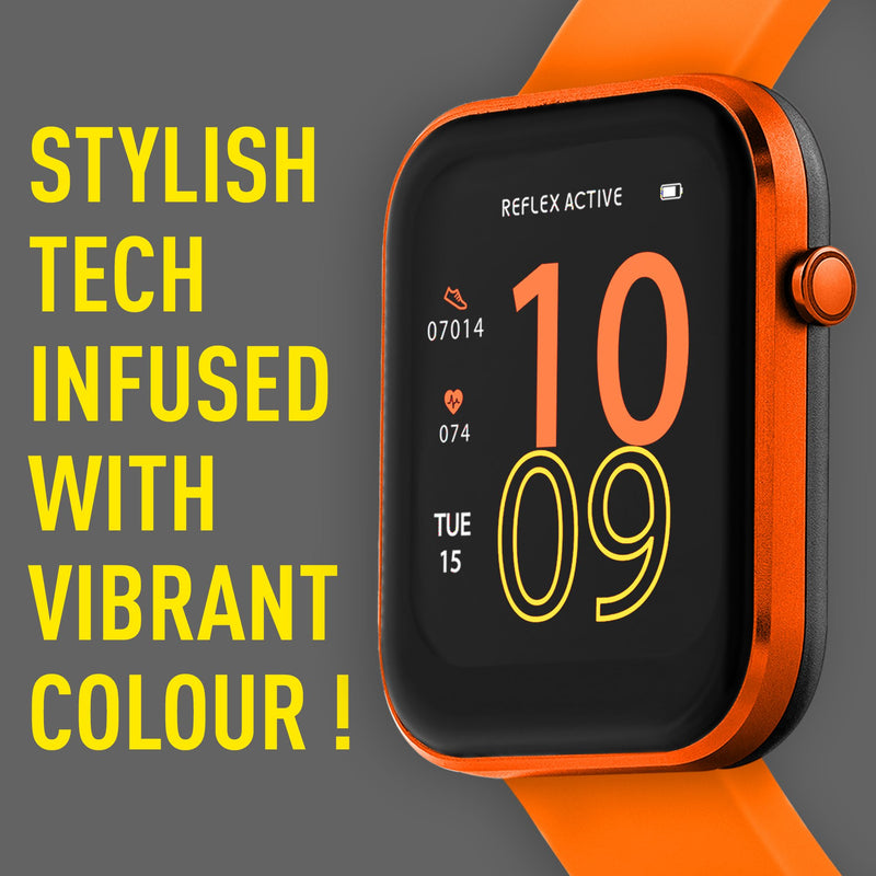 Bright orange smartwatch with a black digital display showing the time 10:09.