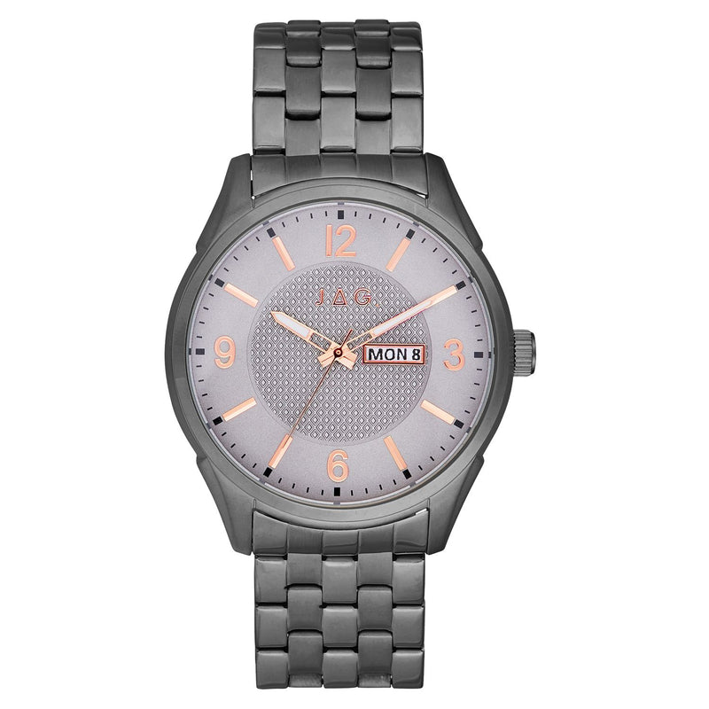 Gunmetal gray wristwatch with a textured dial and rose gold accents.