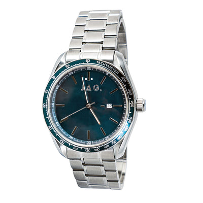 Silver wristwatch with a dark blue face and teal bezel.