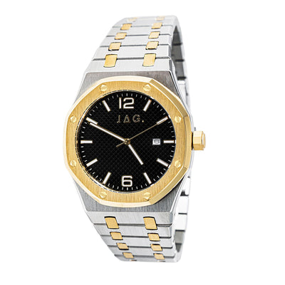 Luxury wristwatch with a two-tone silver and gold metal bracelet and octagonal bezel.