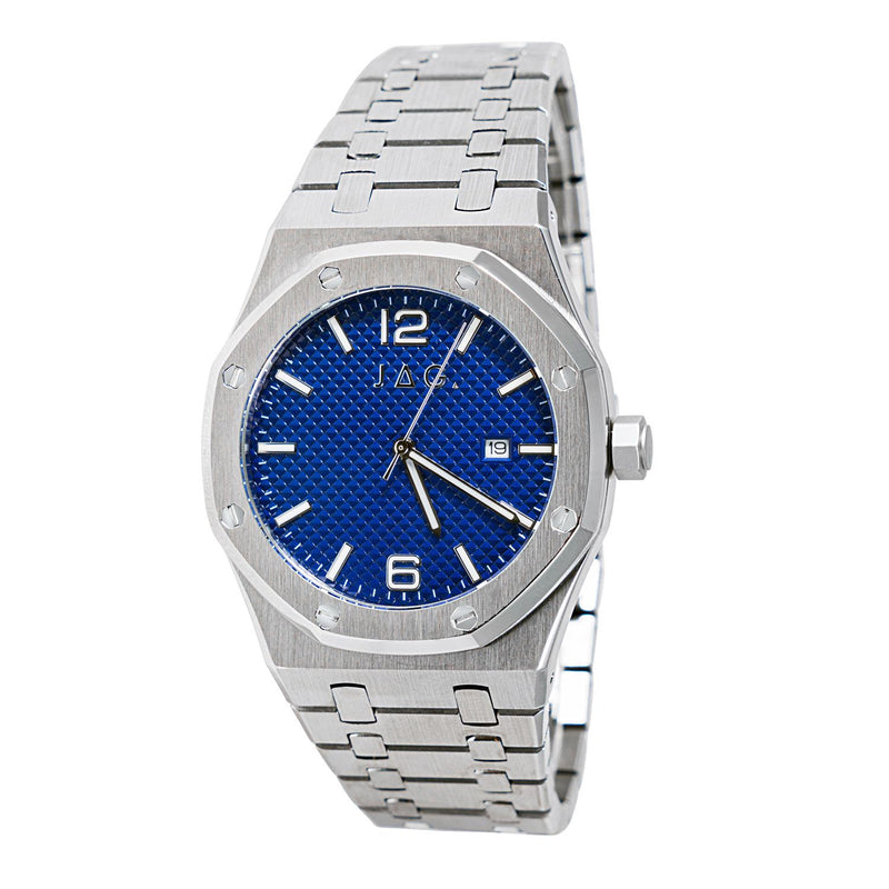 Silver wristwatch with a blue dial and octagonal bezel.