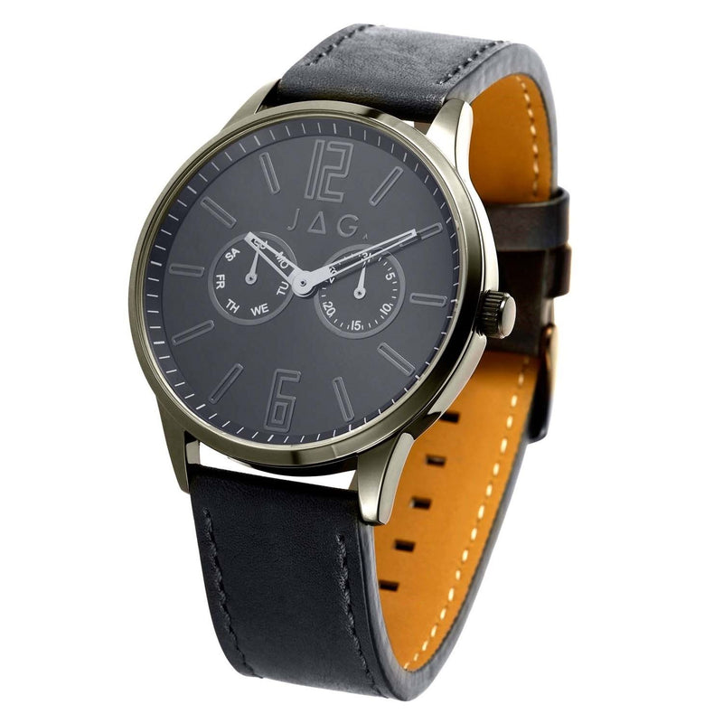 Stylish wristwatch with a black leather strap and dark gray dial face.