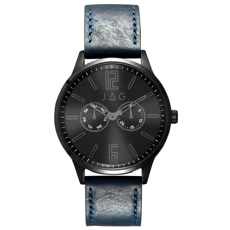 Sleek black wristwatch with a dark blue leather strap.