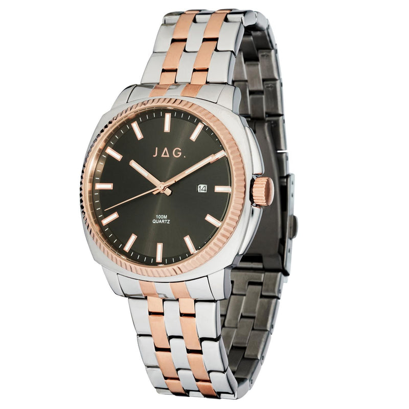 Elegant wristwatch with a two-tone metal band and dark face.