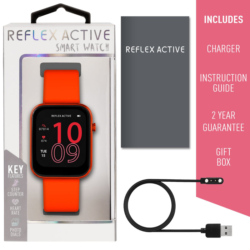 Smart watch with a bright orange band and square display showing the time 10:09.