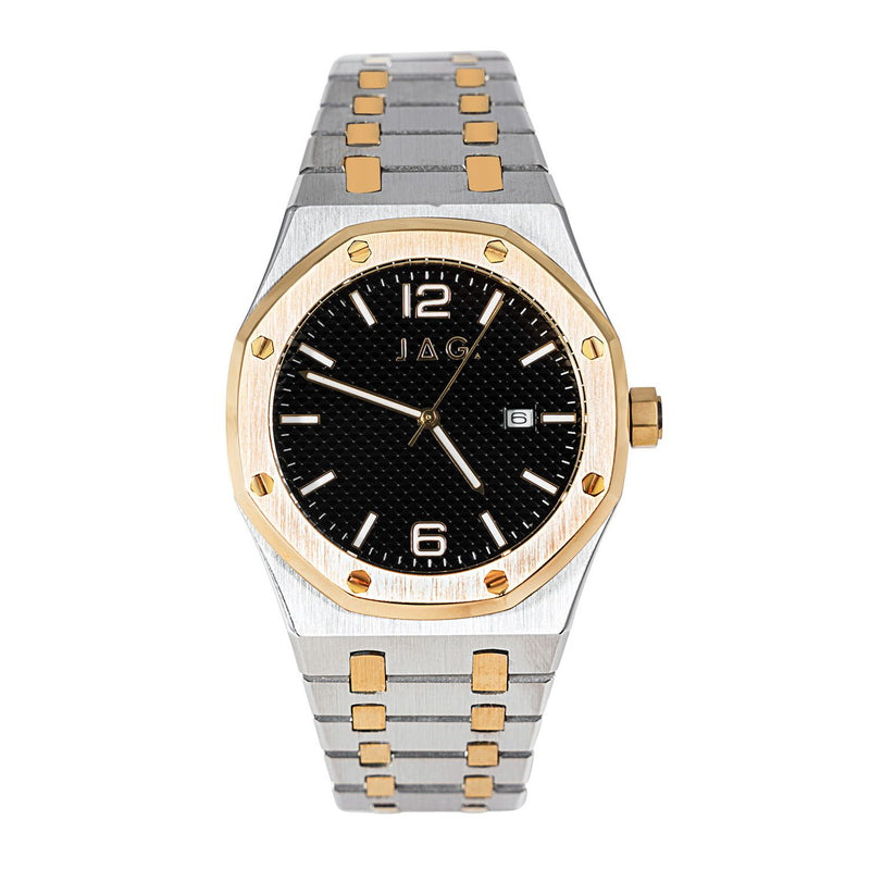 Two-tone wristwatch with a black dial and octagonal bezel.