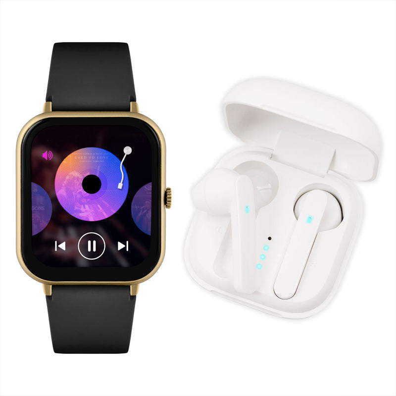 Smartwatch with a gold-toned square face and black band next to white wireless earbuds in a charging case.