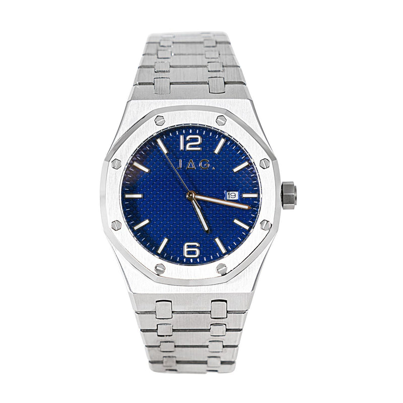 Silver wristwatch with a blue dial and octagonal bezel.