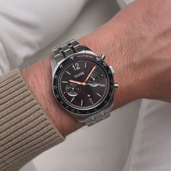 CLUSE Aravis Dual Time Chronograph Black Dial Stainless Steel Link Band Watch CW25603