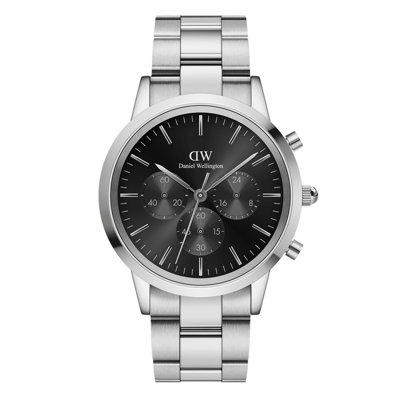 Silver-toned wristwatch with a black dial and chronograph subdials.