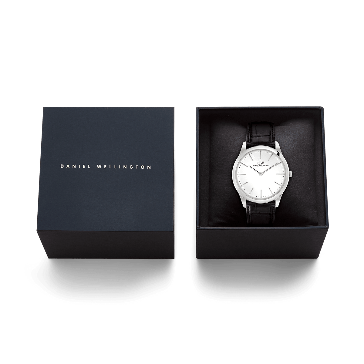 Daniel Wellington Pathfinder Black-Croc Frost-White Silver DW00100980 men's watch with white sunray dial and black leather strap