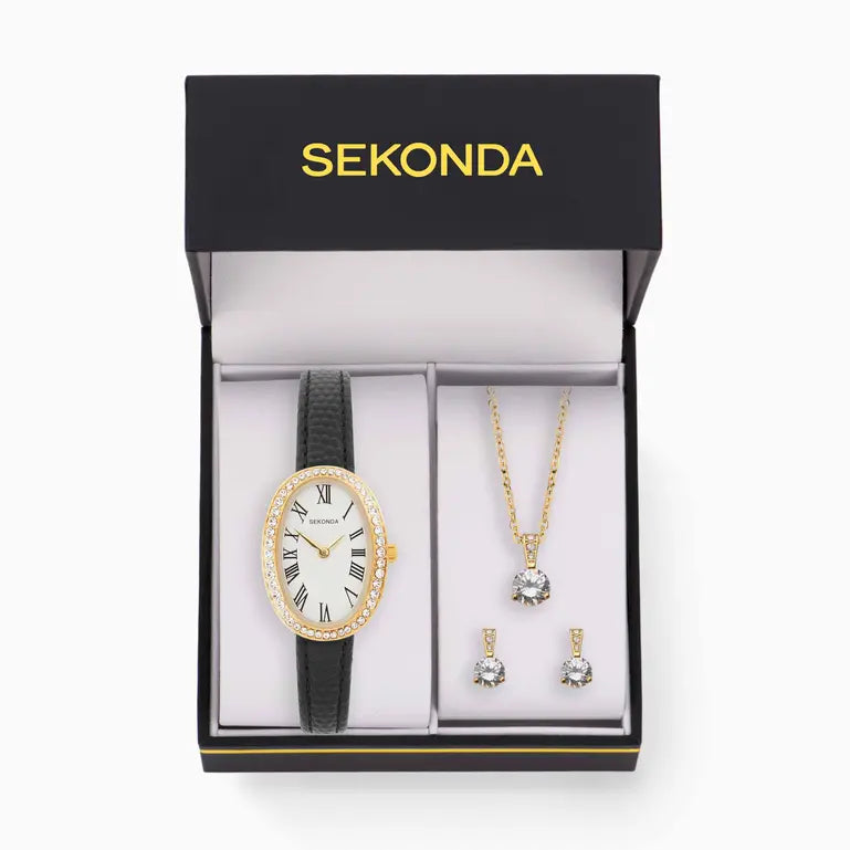 Sekonda Bellamy Crystal White Dial 23mm Womens Watch Gift Set Black SK49079
