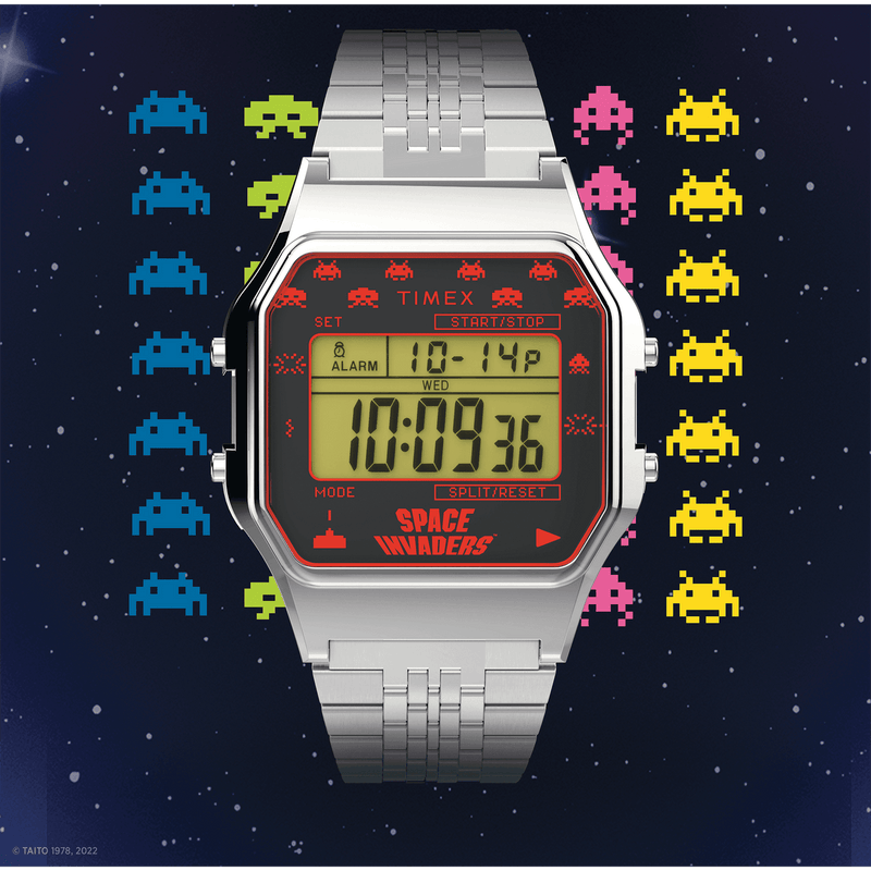 Timex T80 Space Invaders Silver Stainless Steel Watch TW2V30000