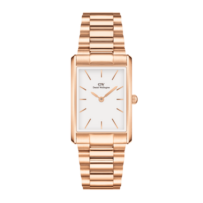 Rose gold rectangular wristwatch with a white dial and metal bracelet.