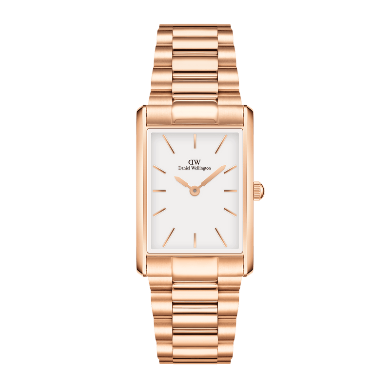 Rose gold rectangular wristwatch with a white dial and metal bracelet.