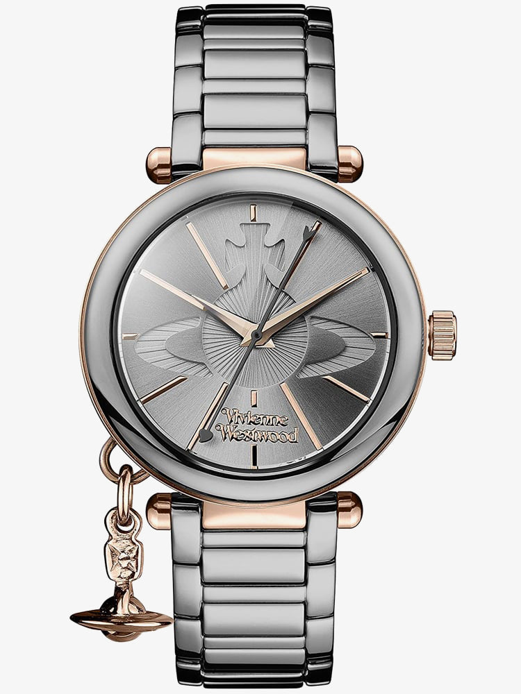Vivienne Westwood Kensington women's watch with a grey dial and gunmetal stainless steel bracelet. Shown at an angle.