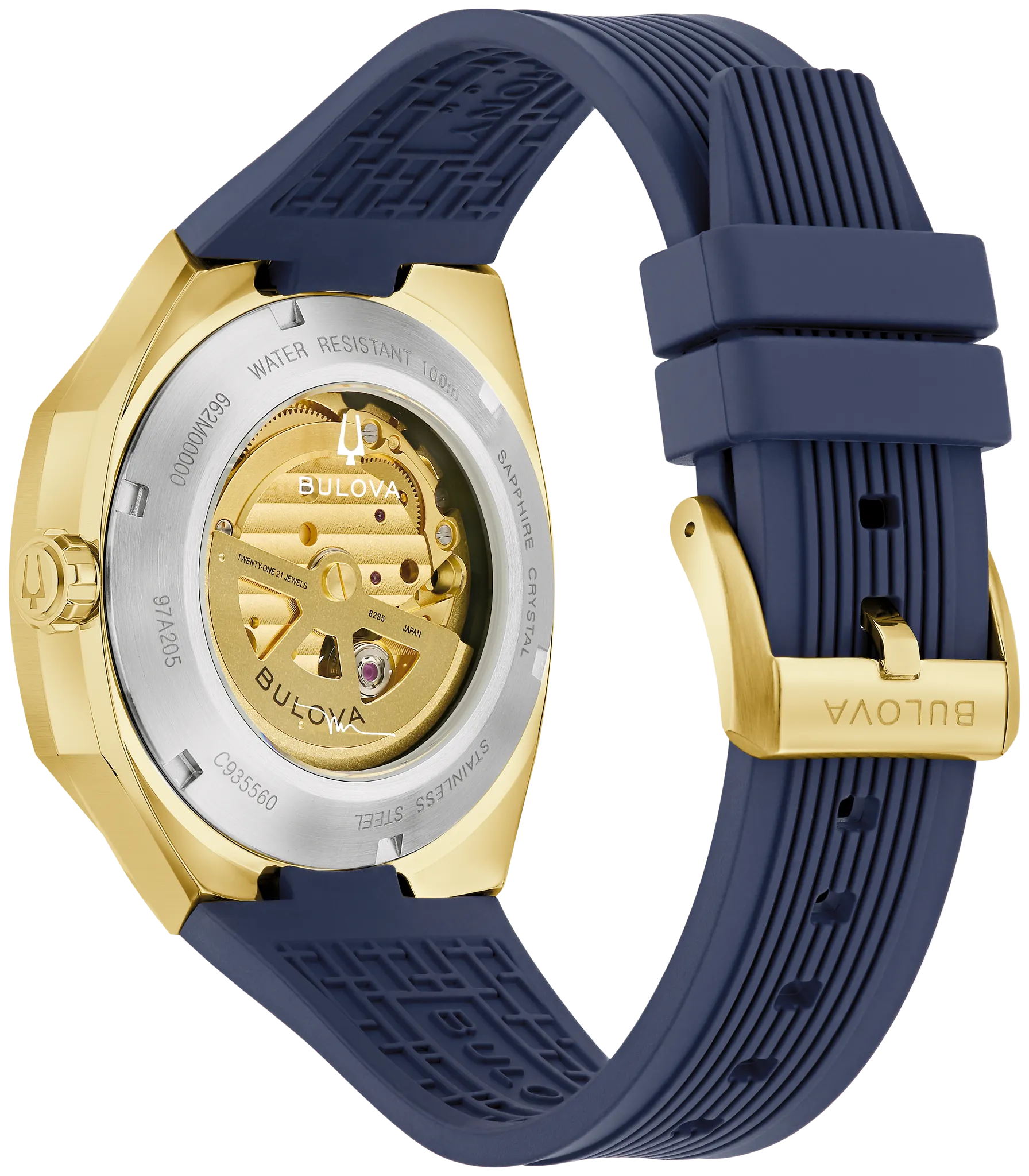Bulova Marc Anthony Surveyor 97A205 automatic men's watch with blue sunray dial and blue rubber strap — angled view
