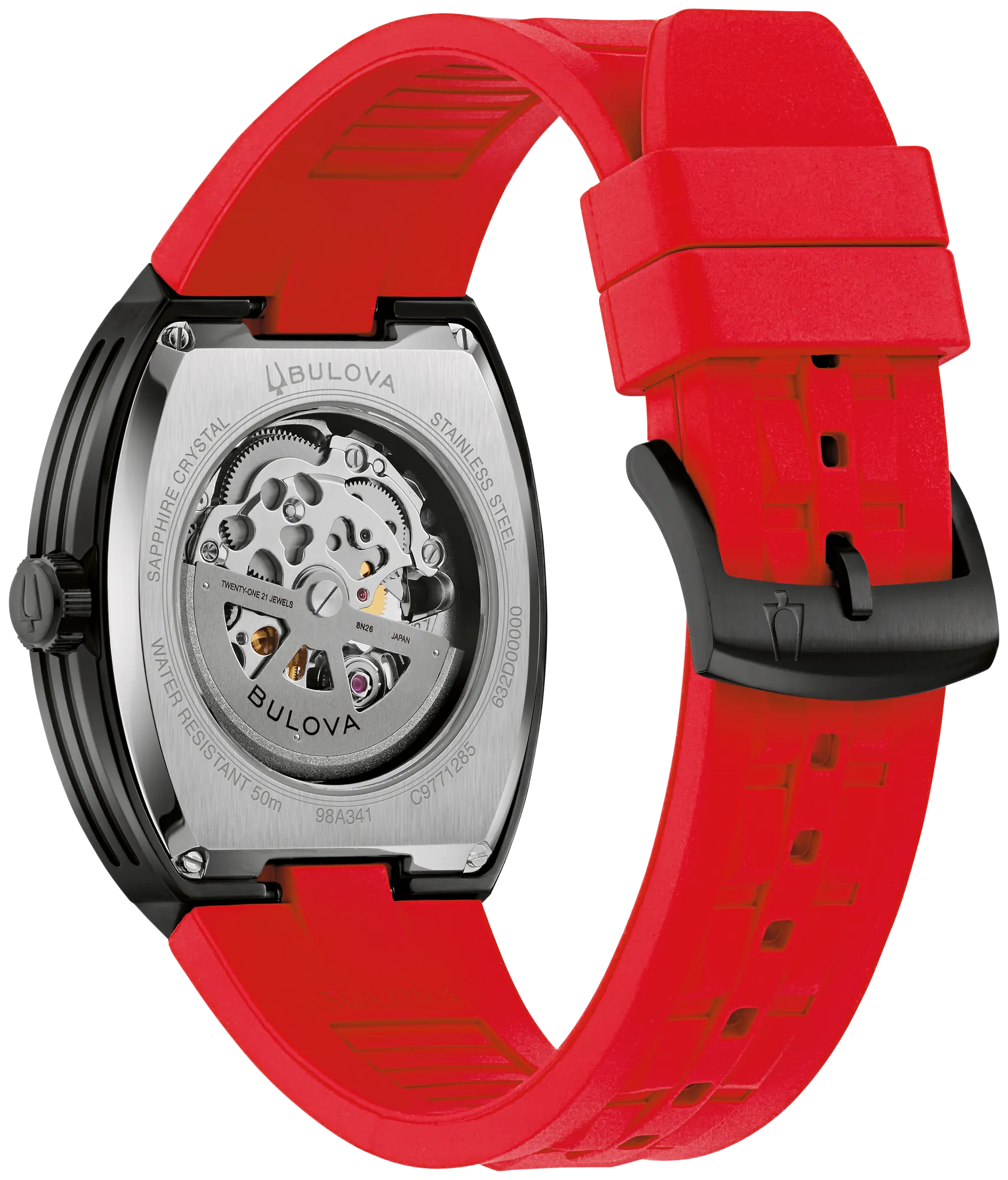 Bulova Maquina 98A341 tonneau case with black skeleton dial and red HNBR rubber strap, official second product view