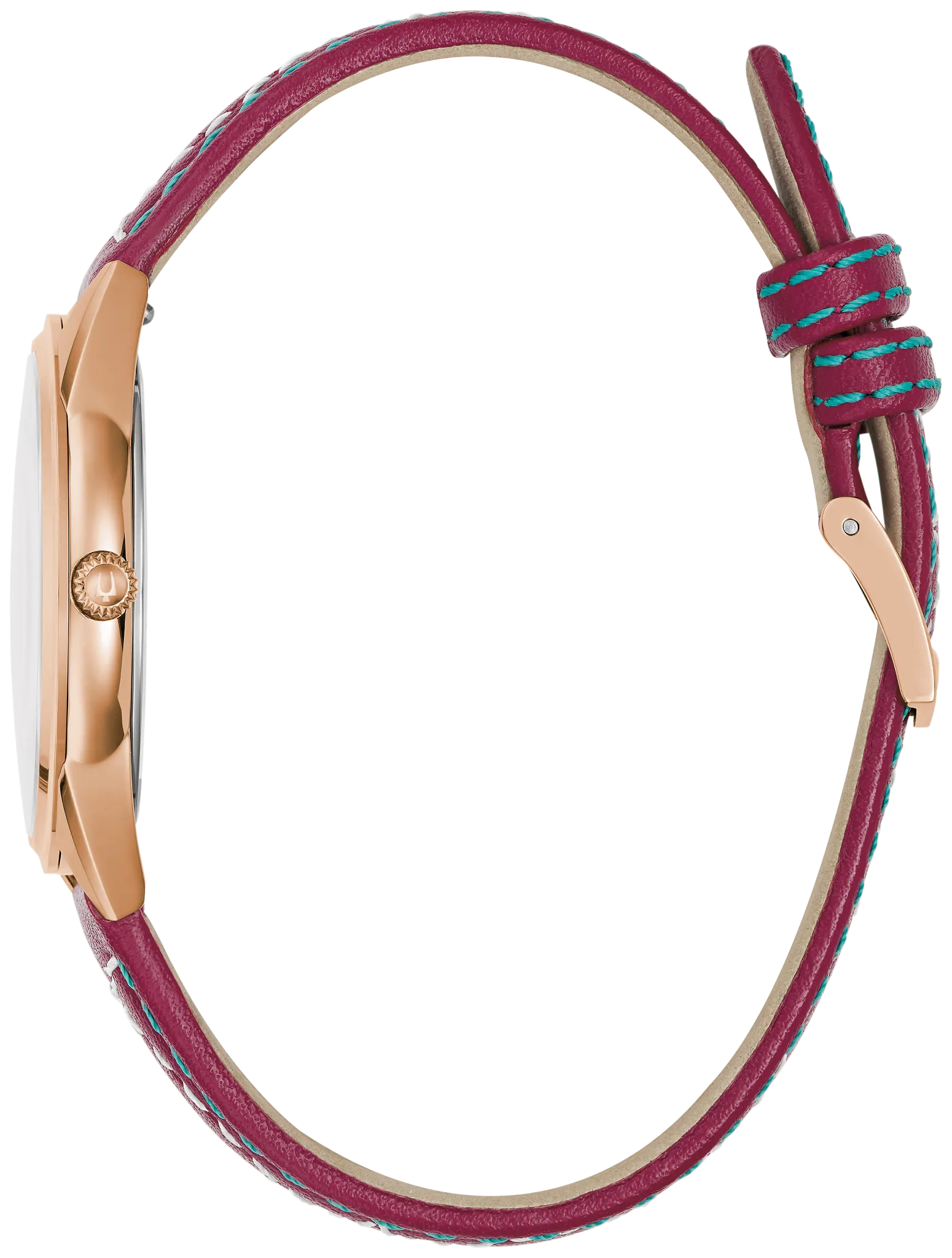 Bulova Sutton 97L204 official close-up of the rose-red leather strap western stitching and buckle